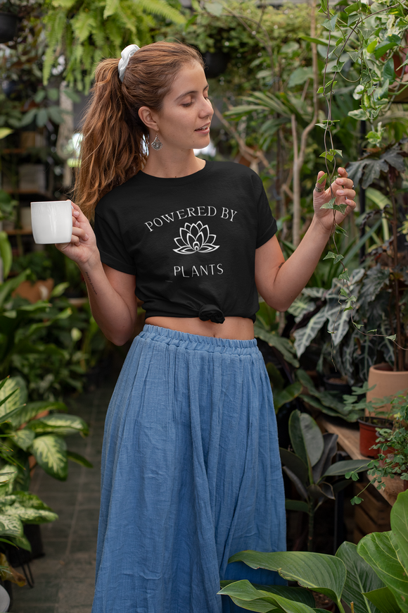 Powered By Plants Unisex Short Sleeve Vegan T-Shirt, Ahimsa Ware, Plant-Based, Plant Power, Vegan Lotus Tee